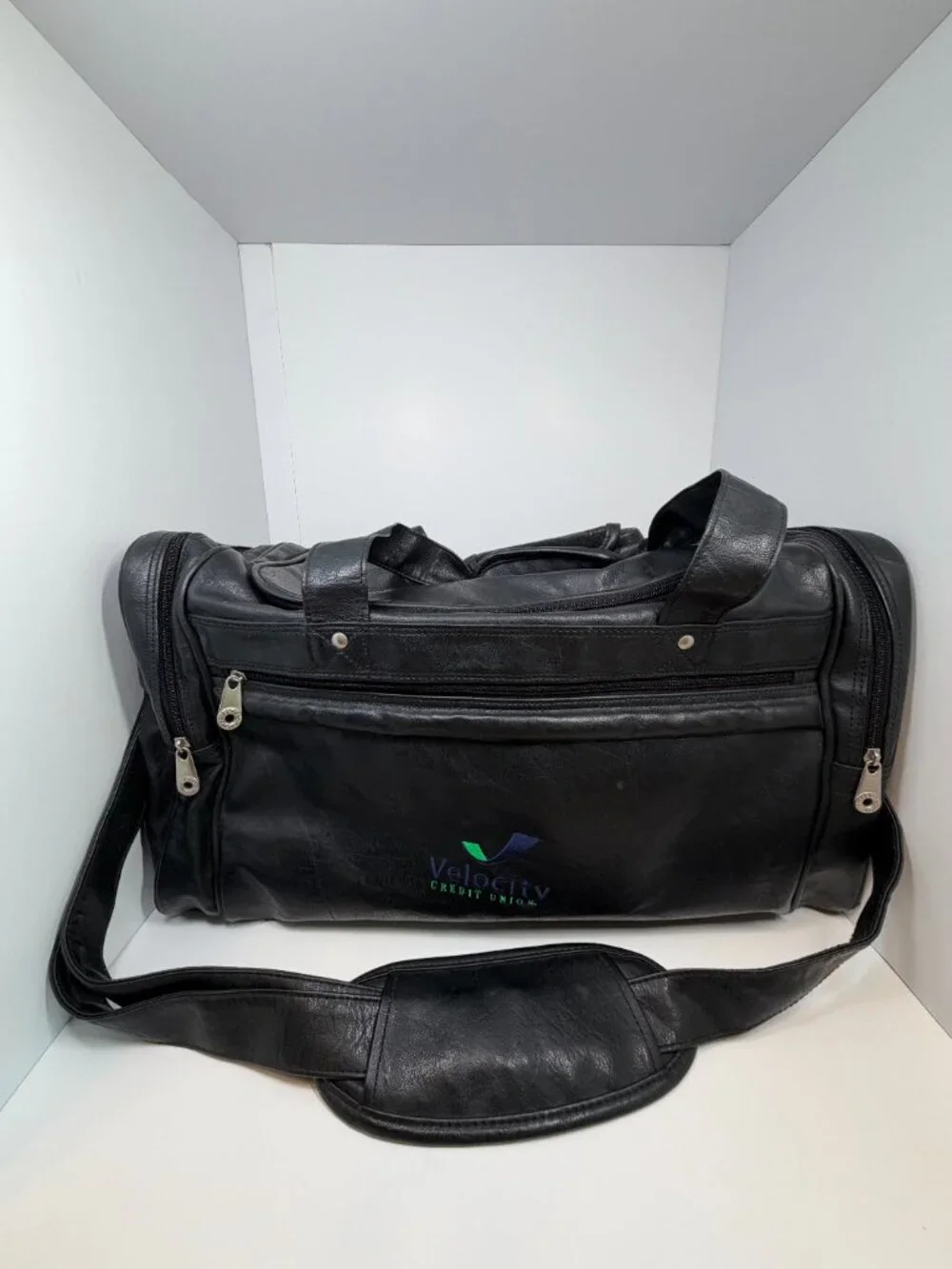 Golden Pacific Black Faux Leather Duffle Bag with Velocity Credit Union Logo